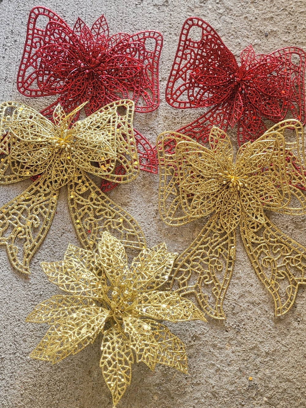 Set of Decorative Glitter Holiday Bows & Poinsettia - Red and Gold